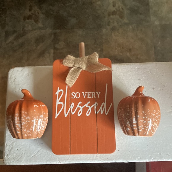 NWT Bundle-So Very Blessed Wood Pumpkin Sign & Orange Glazed Porcelain Pumpkins - Picture 13 of 15